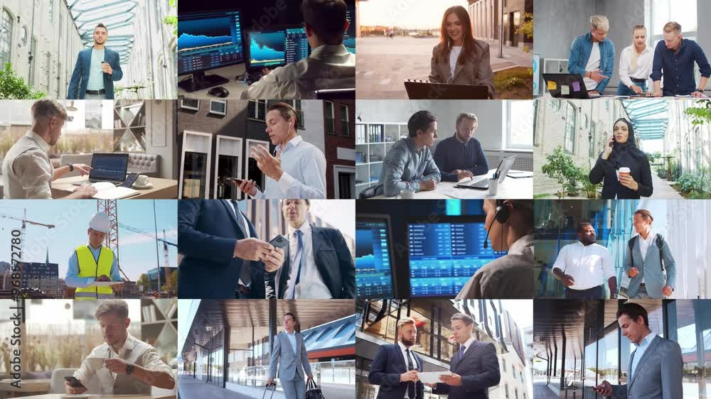 Multi screen business collage made of many different footages with business people working in office or outdoor. Technology, investment, money and teamwork concept.