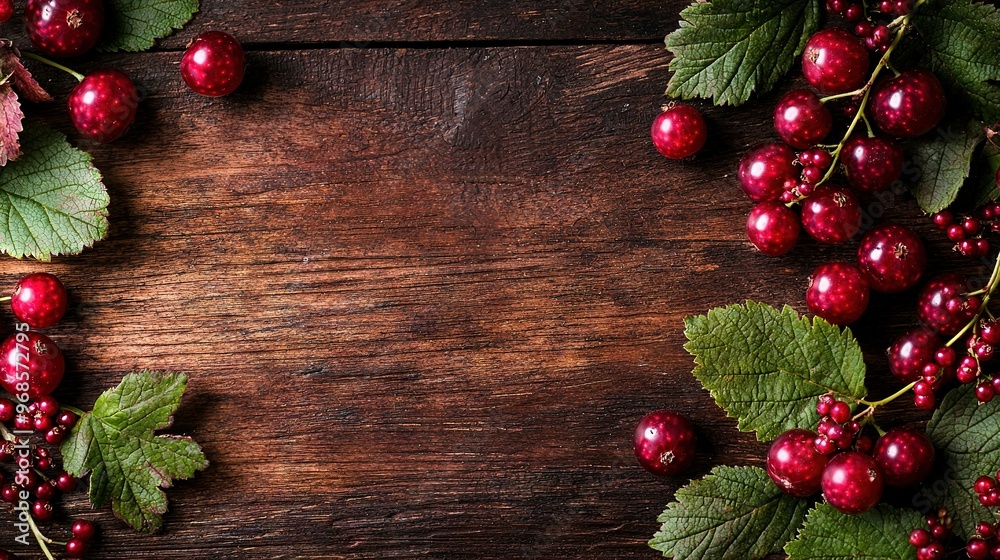 Close-up of wood surface with a cluster of berries, surrounded by green foliage Close-up of wood surface with a cluster of berries, surrounded by green foliage