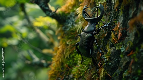 Stag beetle crawling on the trunk of a tree covered with moss