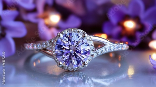   A macro photo of a ring adorned w/purple diamond at center & surrounded by bkgd purpl flwrs photo