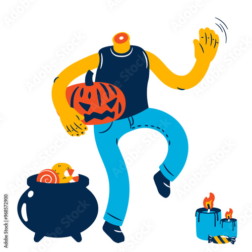 Headless body holding halloween pumpkin and waving