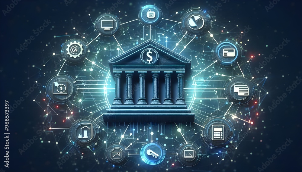 Naklejka premium Digital icon of a bank surrounded by an abstract network of interconnected lines and nodes. 3D Rendering