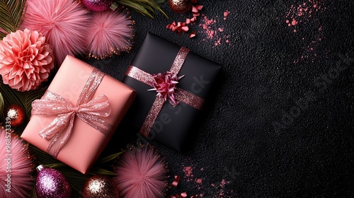   A black box adorned with pink ribbon, featuring a pink flower on a dark backdrop with white pom-poms