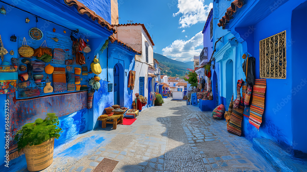 Obraz premium a sunny daylight scene of colorful blue streets and traditional stores in morocco