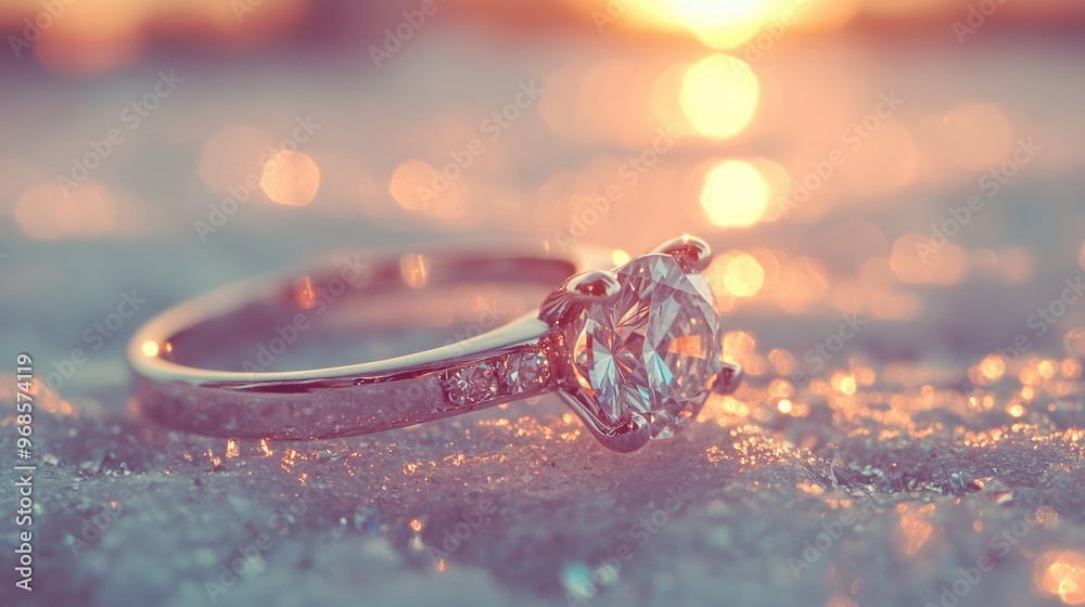   A diamond ring on a shiny surface, illuminated by the sun from above