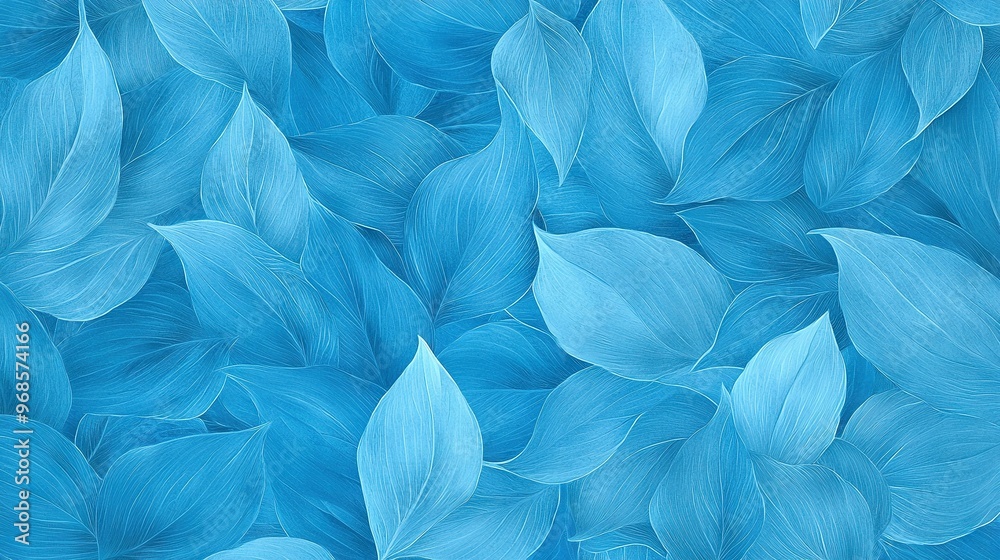   Blue leaves forming a pattern on a blue background, resembling a painting