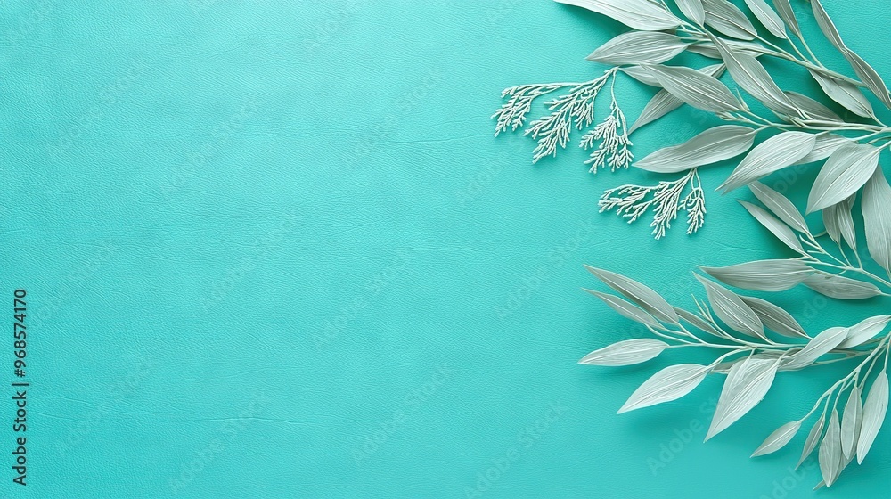A close-up of a leafy plant on a blue background with space for text on the left side A close-up of a leafy plant on a blue background with space for text on the left side