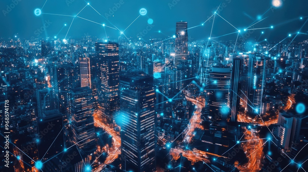 Fototapeta premium Digital connectivity overlay on a smart cityscape, representing the interconnectedness of technology and community in modern urban life