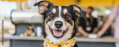 A dog wearing a coffee-themed bandana at a festival, dog, coffee bandana, festival photo