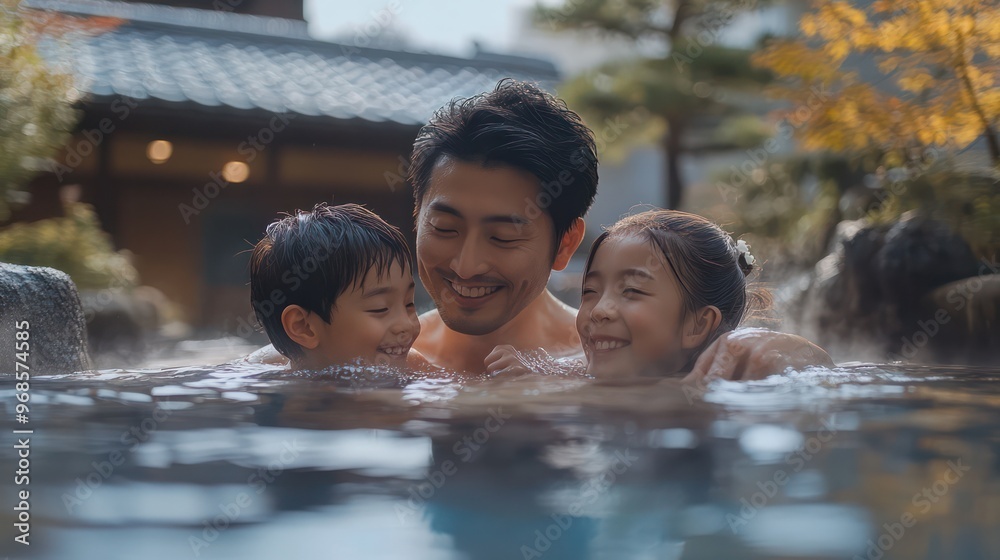 An East Asian family at an onsen enjoying a relaxing hot spring bath while surrounded by beautiful natural scenery An East Asian family at an onsen enjoying a relaxing hot spring bath while surrounded by beautiful natural scenery