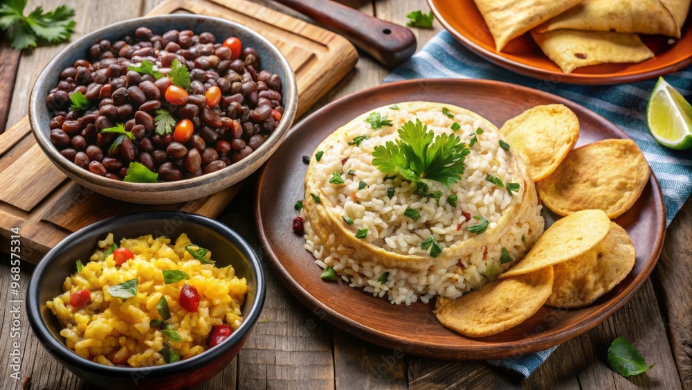 A colorful spread of gallo pinto, crispy fried cheese, and soft tortillas fills the table, ready to start A colorful spread of gallo pinto, crispy fried cheese, and soft tortillas fills the table, ready to start