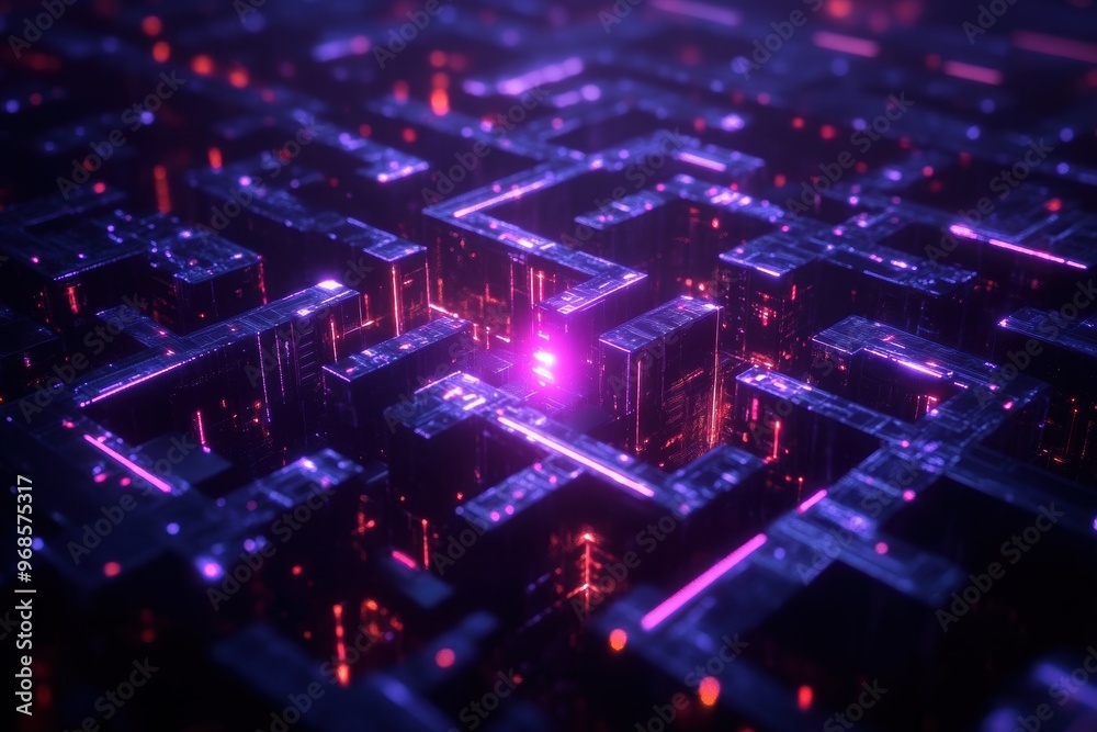 digital maze set within a virtual world, featuring glowing neon walls and vibrant data streams that guide the user through a challenging cyberspace puzzle. digital maze set within a virtual world, featuring glowing neon walls and vibrant data streams that guide the user through a challenging cyberspace puzzle.