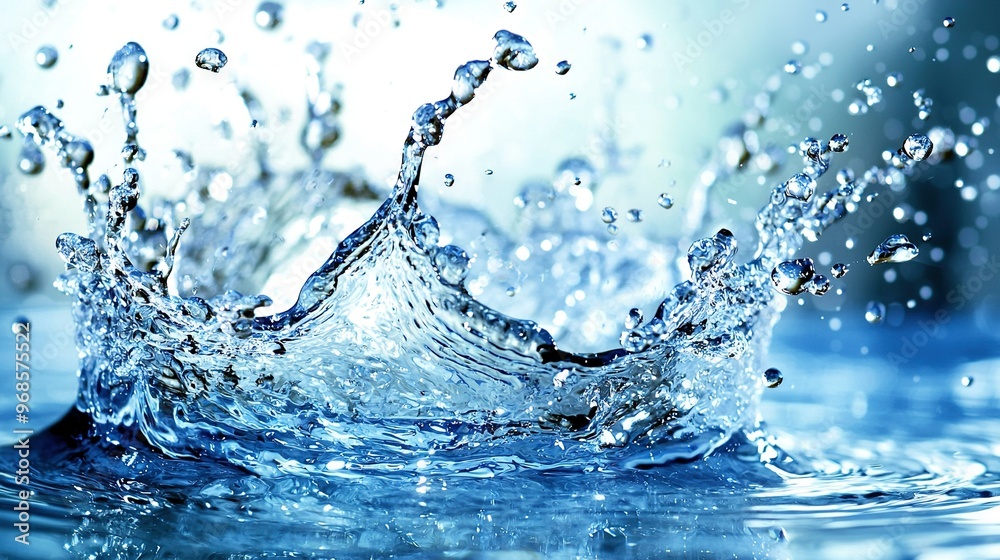 A crown of water droplets splashing on a blue water surface with a clear sky in the background A crown of water droplets splashing on a blue water surface with a clear sky in the background