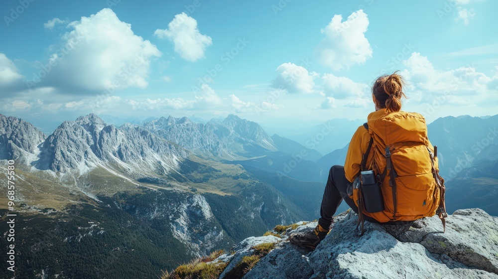 Fototapeta premium Adventurers stop at the top of the mountain to admire the breathtaking views stretching across the horizon.