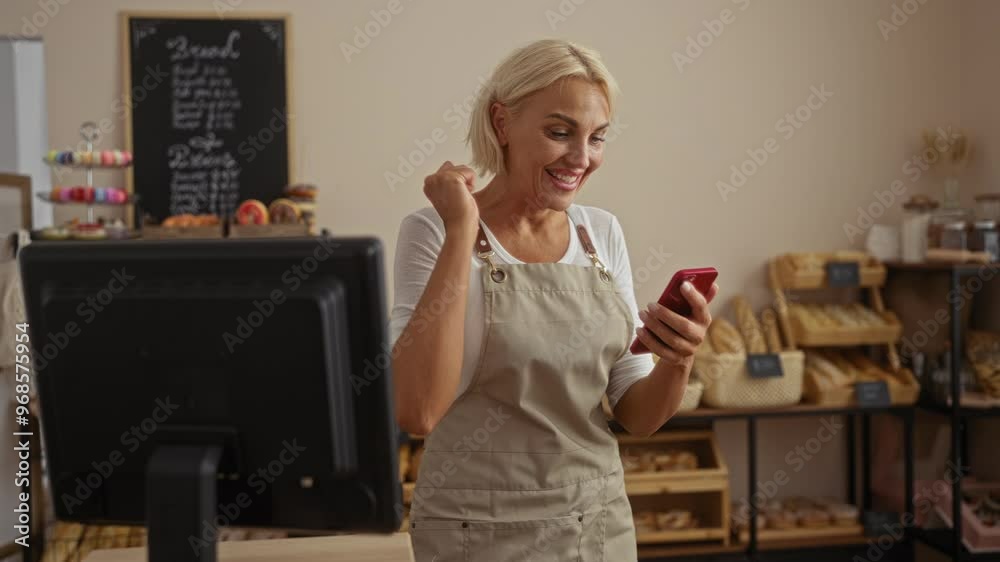 Young woman in beige apron using smartphone with a smile in a cozy bakery, shelves filled with bread and pastries in the background Young woman in beige apron using smartphone with a smile in a cozy bakery, shelves filled with bread and pastries in the background