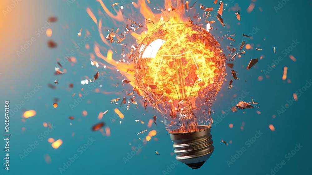 Fiery explosion of a light bulb in mid-burst, with flames and broken glass, rendered in 3D against a cool blue background. Fiery explosion of a light bulb in mid-burst, with flames and broken glass, rendered in 3D against a cool blue background.