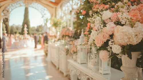   A row of white vases brimming with pink and white blooms graced the table, attracting a sea of admirers photo