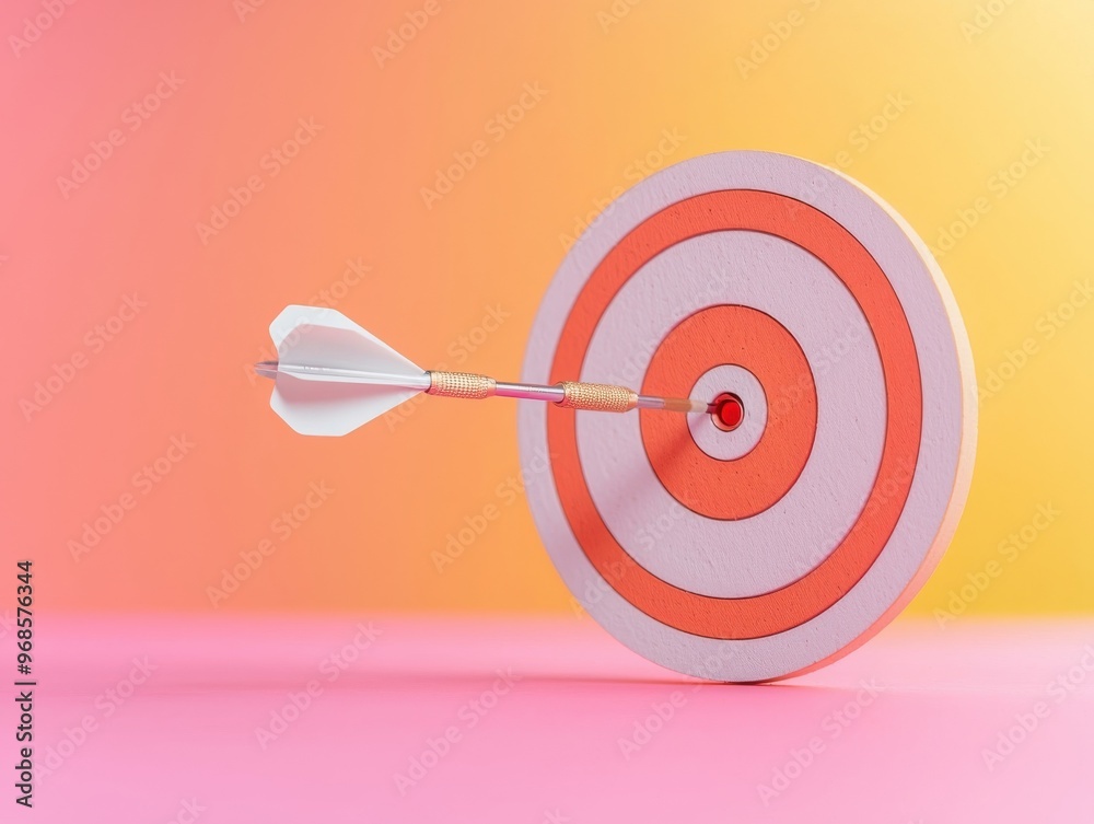 A dart hits the bullseye on a target against a vibrant pink and yellow background, symbolizing precision and accuracy. A dart hits the bullseye on a target against a vibrant pink and yellow background, symbolizing precision and accuracy.