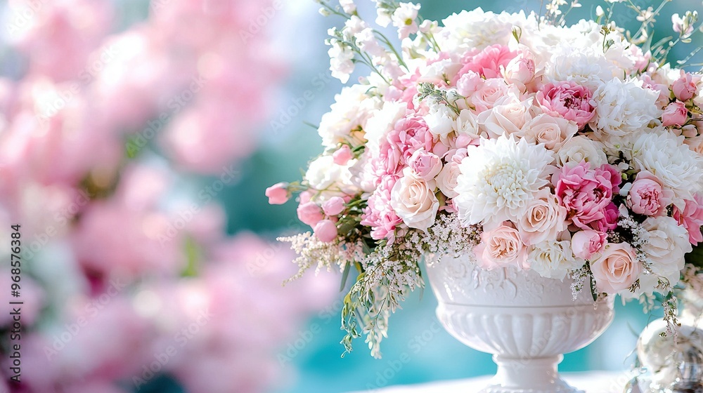 A white vase brimming with numerous pink and white blossoms rests beside a bountiful arrangement of pink and white flowers on a table A white vase brimming with numerous pink and white blossoms rests beside a bountiful arrangement of pink and white flowers on a table