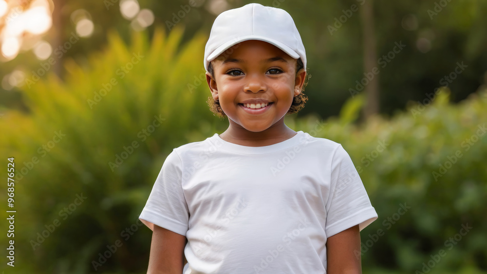 Little black girl with short hair wearing white t-shirt and white baseball cap standing in nature Little black girl with short hair wearing white t-shirt and white baseball cap standing in nature