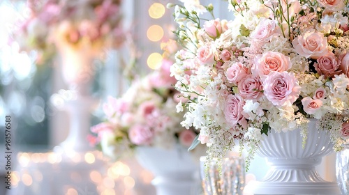  A vase brimming with an abundance of pink and white blossoms, accompanied by adjacent vases containing white and pink floral arrangements