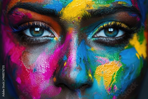 Close-up of a colorful painted face showcasing vibrant hues and striking features, representing creativity and self-expression.