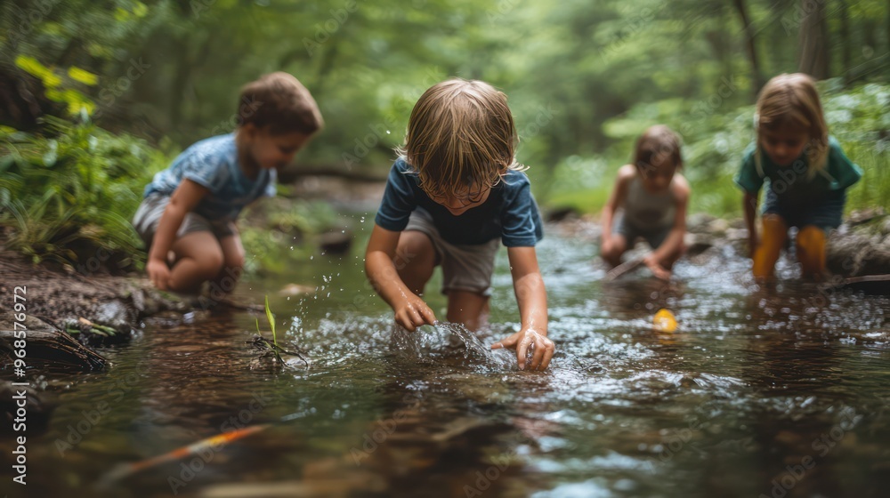 Fototapeta premium Children exploring a forest stream, splashing in the water, discovering fish and plants, fully engaged in beauty