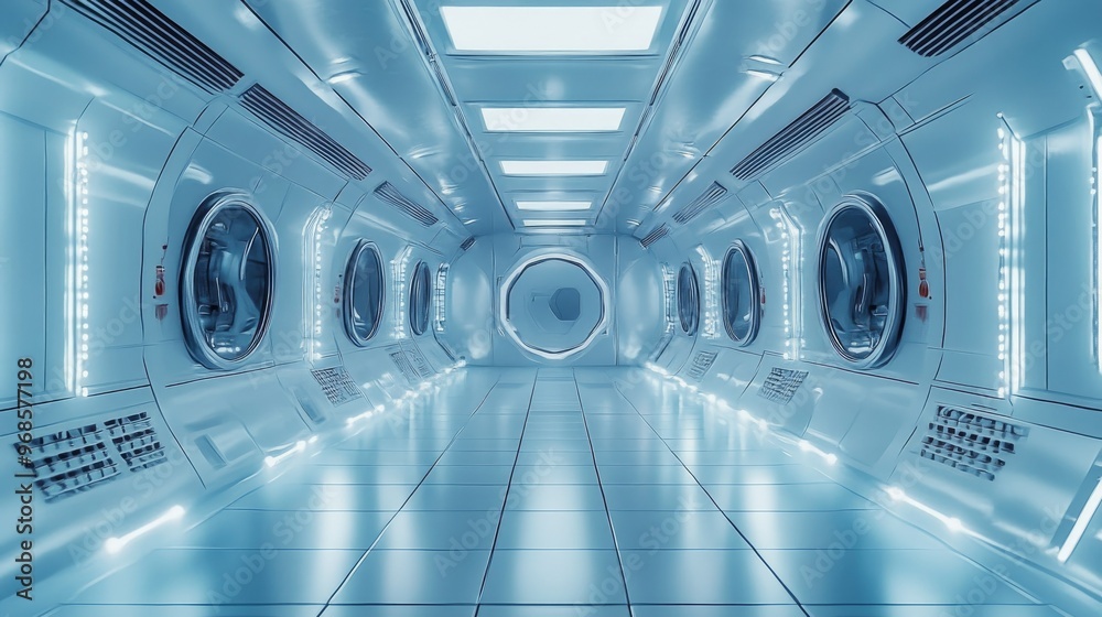 Futuristic spacecraft interior with sleek metallic surfaces, glowing lights, and cutting-edge design for a space-age journey Futuristic spacecraft interior with sleek metallic surfaces, glowing lights, and cutting-edge design for a space-age journey