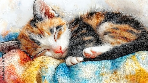   A cat snoozes atop a blanket covering a bed alongside a plush toy photo