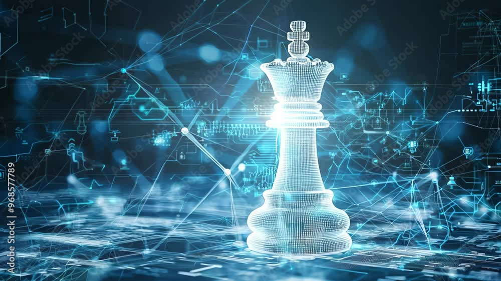 White chess king with blur graphic Binary Data computer Number network on blue dark background