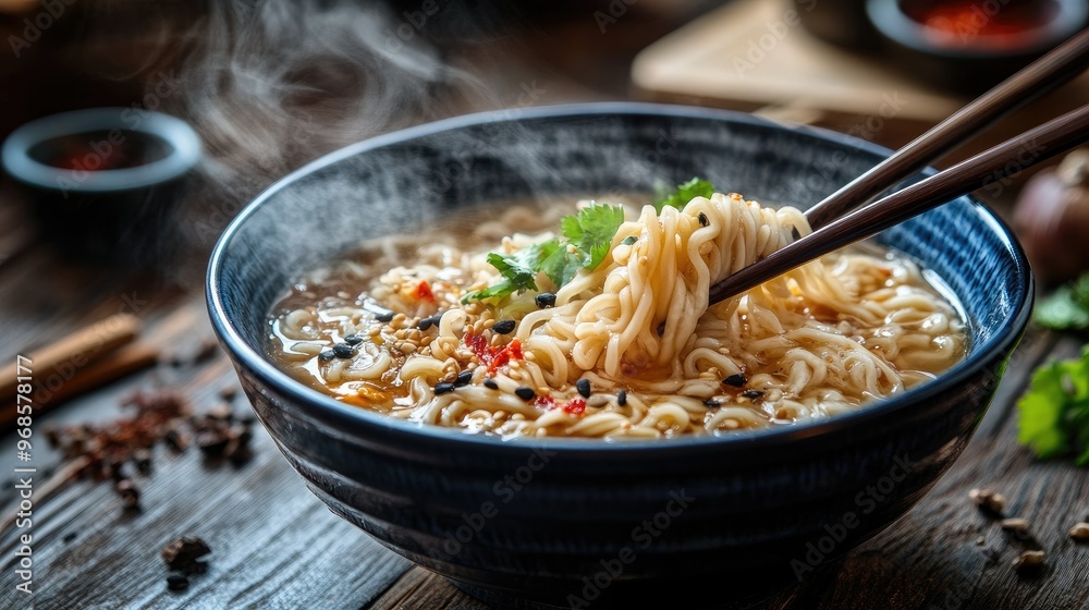 Hot noodles in a steaming bowl with chopsticks resting on top, surrounded by subtle details of a warm, comforting meal Hot noodles in a steaming bowl with chopsticks resting on top, surrounded by subtle details of a warm, comforting meal
