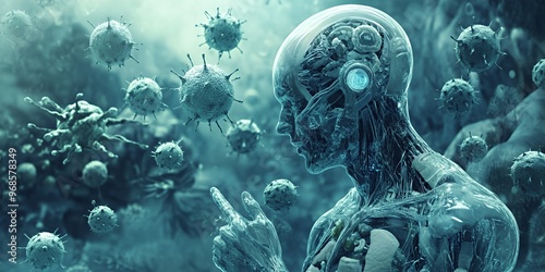 A cyborg with visible internal anatomy and wiring is surrounded by viruses. photo