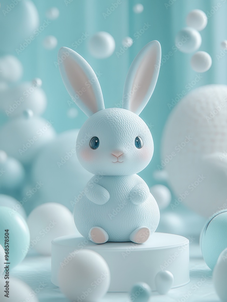 Obraz premium Adorable Blue Bunny Figurine with Soft Pastel Background and Floating Spheres
