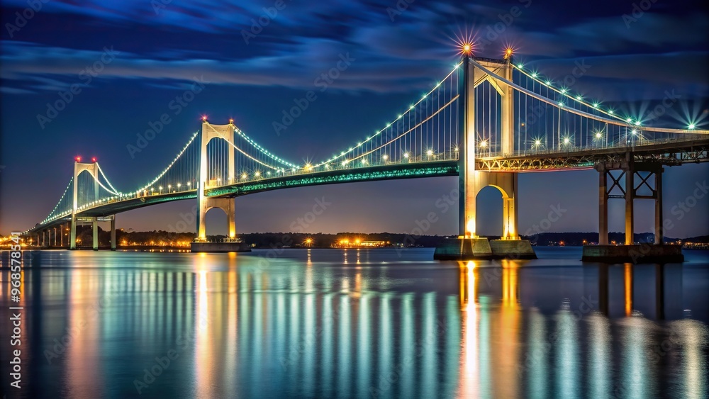 bay, A medium shot of the Claiborne Pell Bridge in the background at night in Newport Rhode Island showcasing the elegant structure illuminated against the dark sky bay, A medium shot of the Claiborne Pell Bridge in the background at night in Newport Rhode Island showcasing the elegant structure illuminated against the dark sky