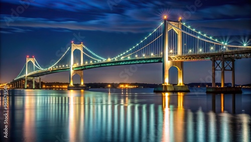 bay, A medium shot of the Claiborne Pell Bridge in the background at night in Newport Rhode Island showcasing the elegant structure illuminated against the dark sky