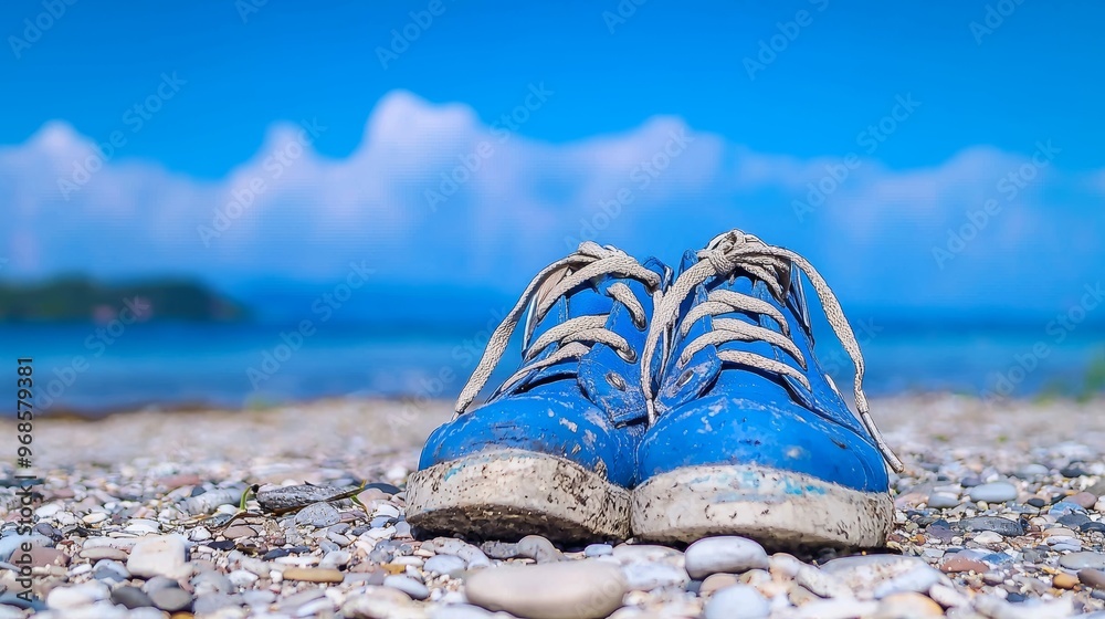 Close-Up of Blue Sneakers on Pebble Beach with Ocean View Close-Up of Blue Sneakers on Pebble Beach with Ocean View