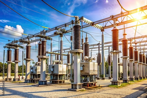 energy, technology, electric power, high voltage, switchgear, industry, infrastructure, Substation with switchgear and transmission transformers for high voltage electric power