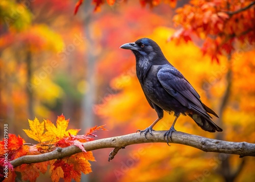 Black raven in the midst of a colorful autumn forest with leaves falling around photo