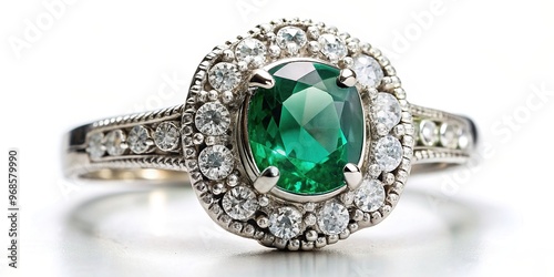 Emerald and diamond ring with exquisite craftsmanship and intricate detailing on a pristine white background, white background,emerald, high-end, intricate, style, fine, exquisite