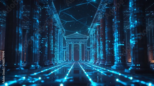 Hologram of an ancient Greek temple surrounded by glowing digital connections, set against a dark background with blue neon lights, blending modern technology with historical history. photo