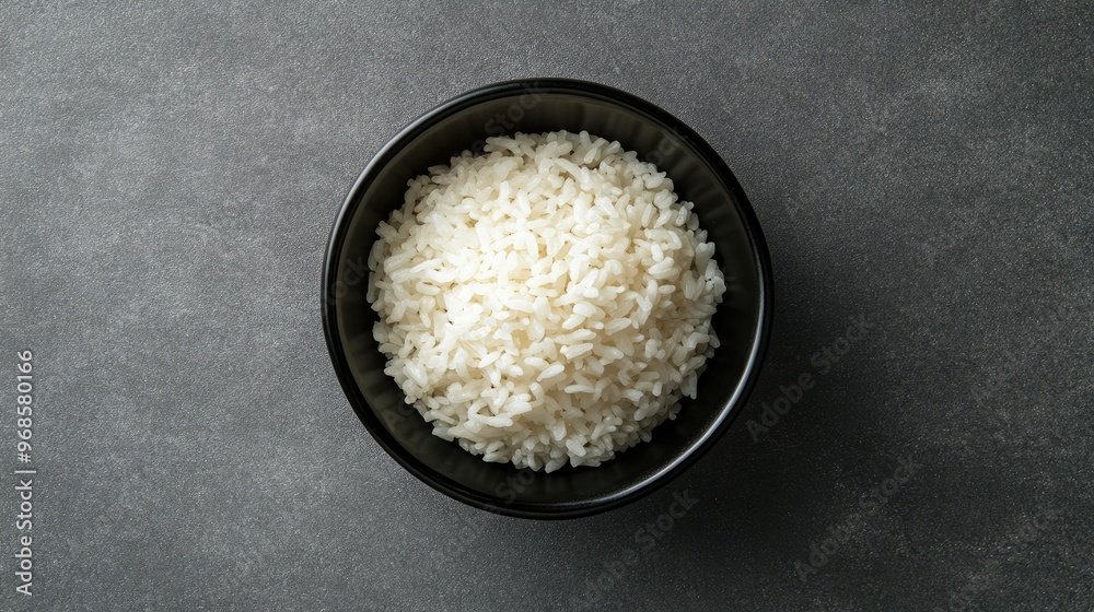 Neatly placed white rice in a black bowl, photographed from above on a smooth grey background for a simple and clean presentation. Neatly placed white rice in a black bowl, photographed from above on a smooth grey background for a simple and clean presentation.