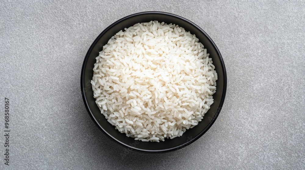 Neatly placed white rice in a black bowl, photographed from above on a smooth grey background for a simple and clean presentation. Neatly placed white rice in a black bowl, photographed from above on a smooth grey background for a simple and clean presentation.