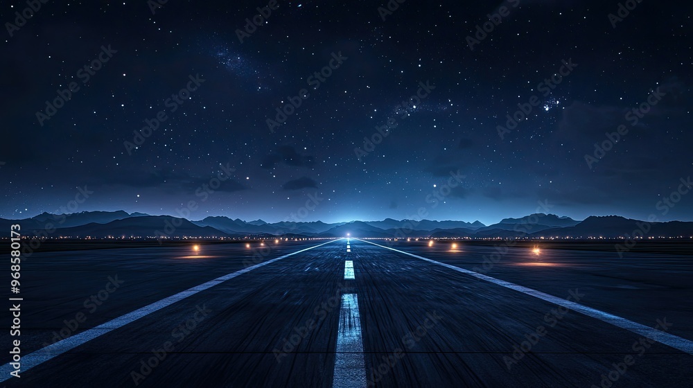 Nighttime runway with dark asphalt, illuminated by soft lights in the distance, under a starry night sky, evoking a sense of mystery Nighttime runway with dark asphalt, illuminated by soft lights in the distance, under a starry night sky, evoking a sense of mystery