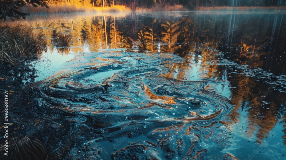 Pollution from oil on the edge of a wooded lake Pollution from oil on the edge of a wooded lake