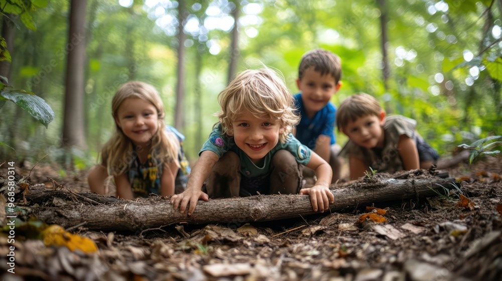 Fototapeta premium Kids participating in forest activities, building forts, climbing trees, and exploring the wonders of the woods