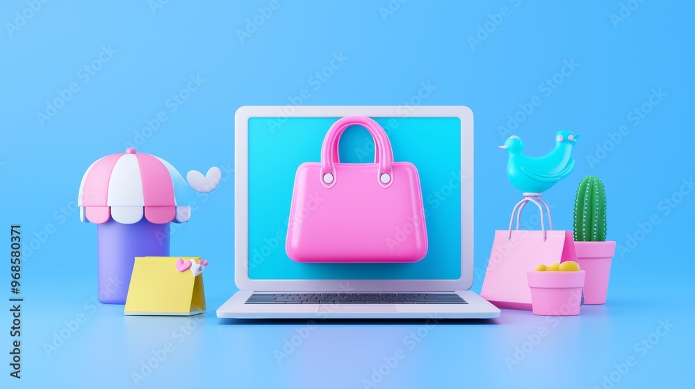 Fototapeta premium Colorful E-commerce Shopping Scene with Floating Pink Bag
