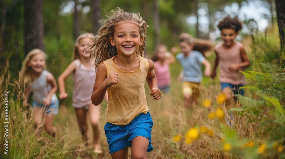 Obraz premium Kids running through the forest, playing tag, laughing, and enjoying the freedom of outdoor play surrounded by nature