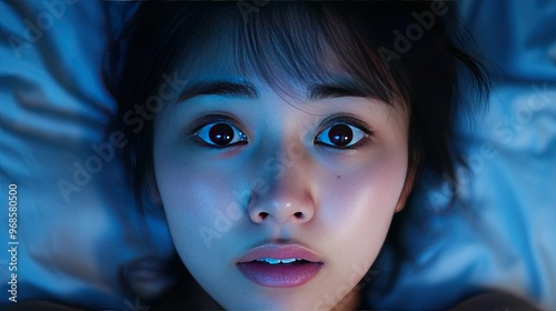 Portrait of an exhausted Asian woman wide awake at midnight, battling insomnia, with a close-up of her sleepless eyes. photo