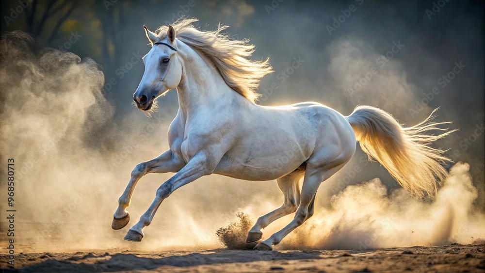 A white horse galloping in slow motion with dust kicking up around its hooves
