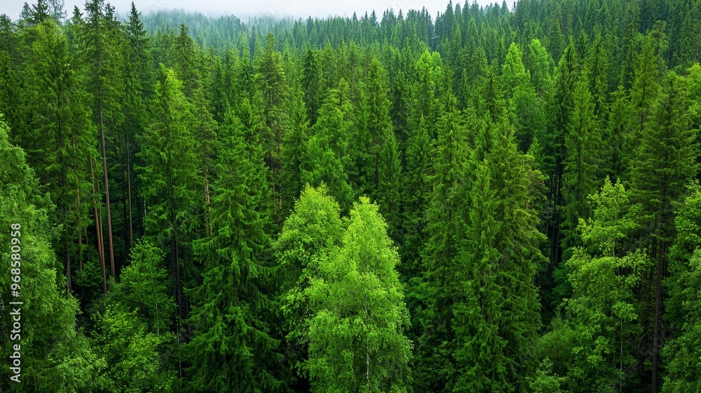 Fototapeta premium Lush Green Forest with Tall Pine Trees on a Misty Day